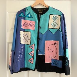 Allure Artistic Blue and Pink Vintage Patchwork Jacket with Glass Beads